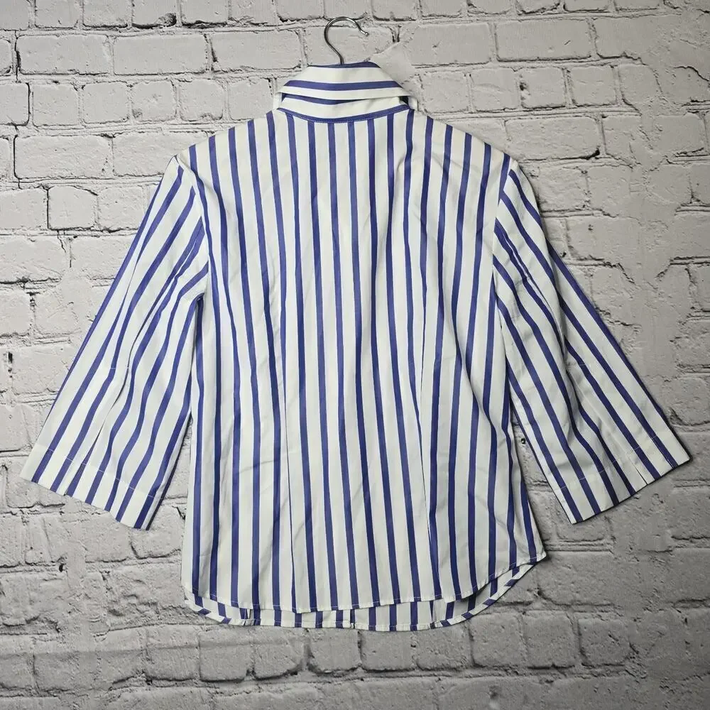Usonia Womens White Blue Vertical Stripe 100% Cotton 3/4 Sleeve Blouse Size L - Picture 8 of 11